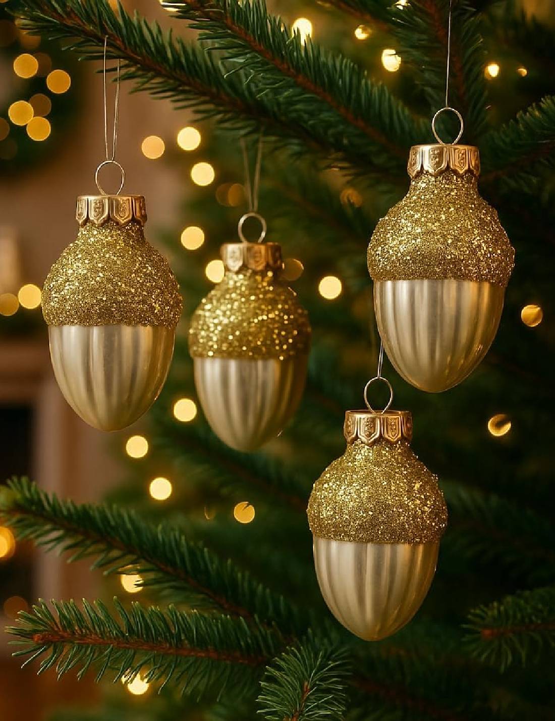 Set 12pz Palline Albero Di Natale Ghianda Oro Opaco 4cm