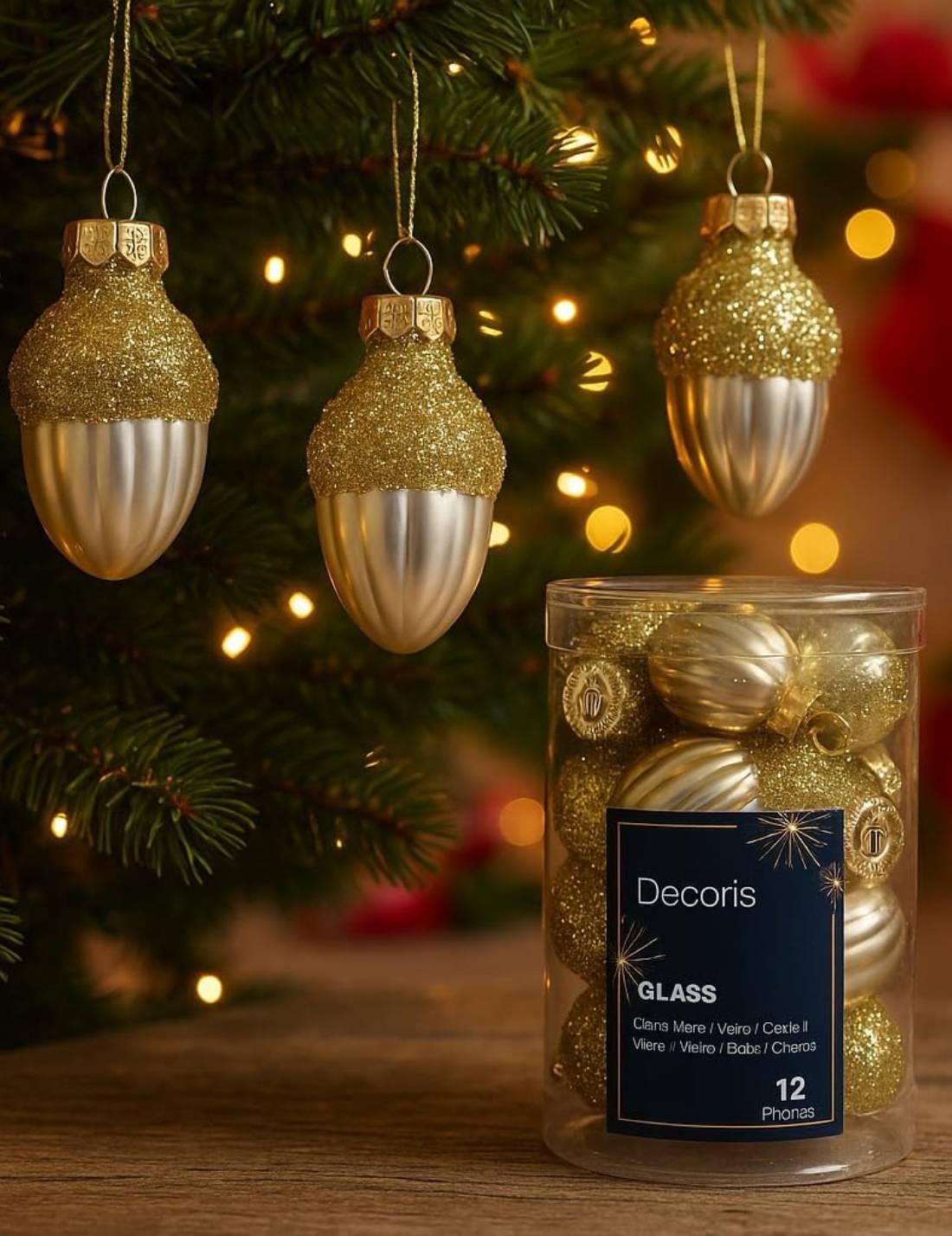 Set 12pz Palline Albero Di Natale Ghianda Oro Opaco 4cm