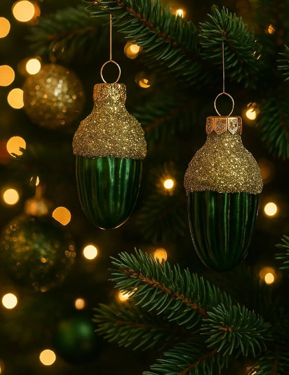 Set 12pz Palline Albero Di Natale Ghianda Verde Pino 4cm