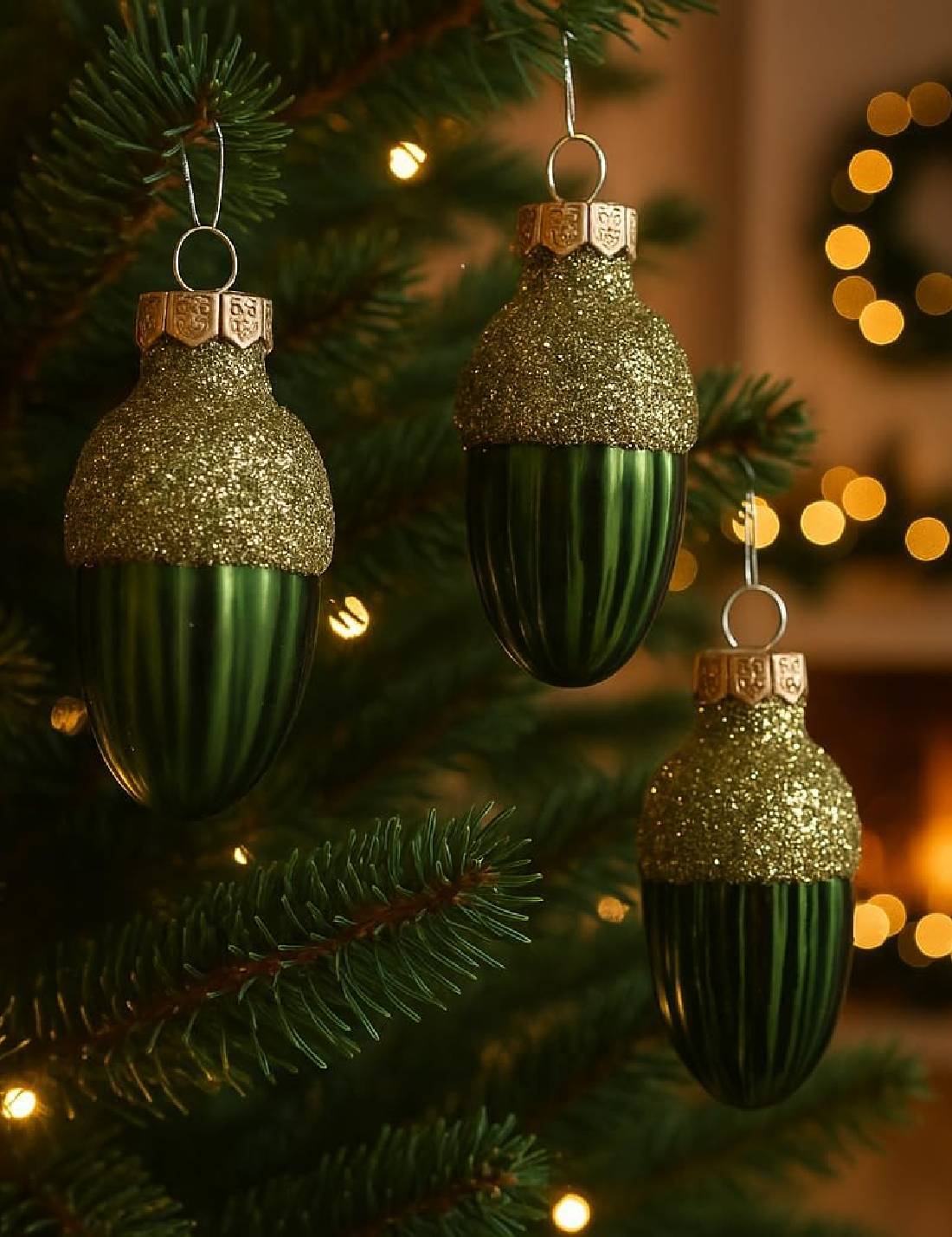Set 12pz Palline Albero Di Natale Ghianda Verde Pino 4cm