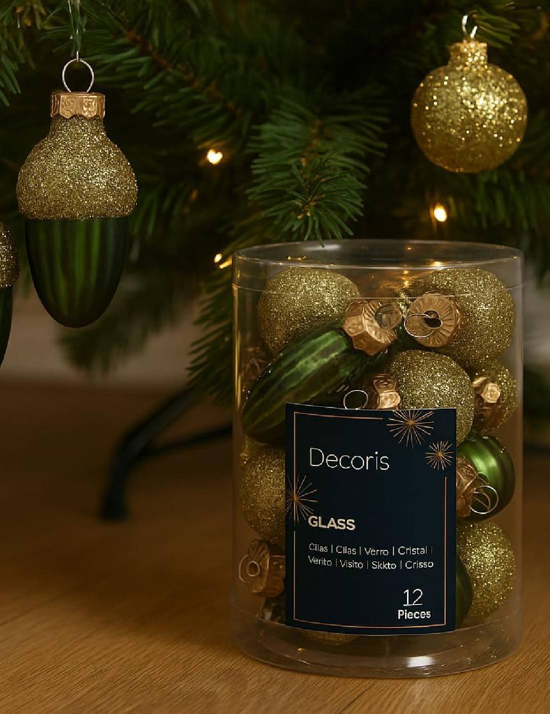 Set 12pz Palline Albero Di Natale Ghianda Verde Pino 4cm