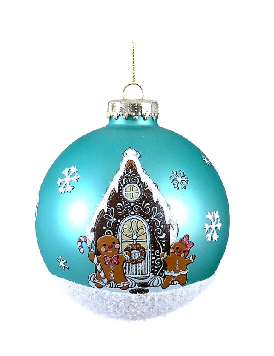 Pallina Albero Di Natale In Vetro Azzurra Con Casa E Omini Di Marzapane 10cm