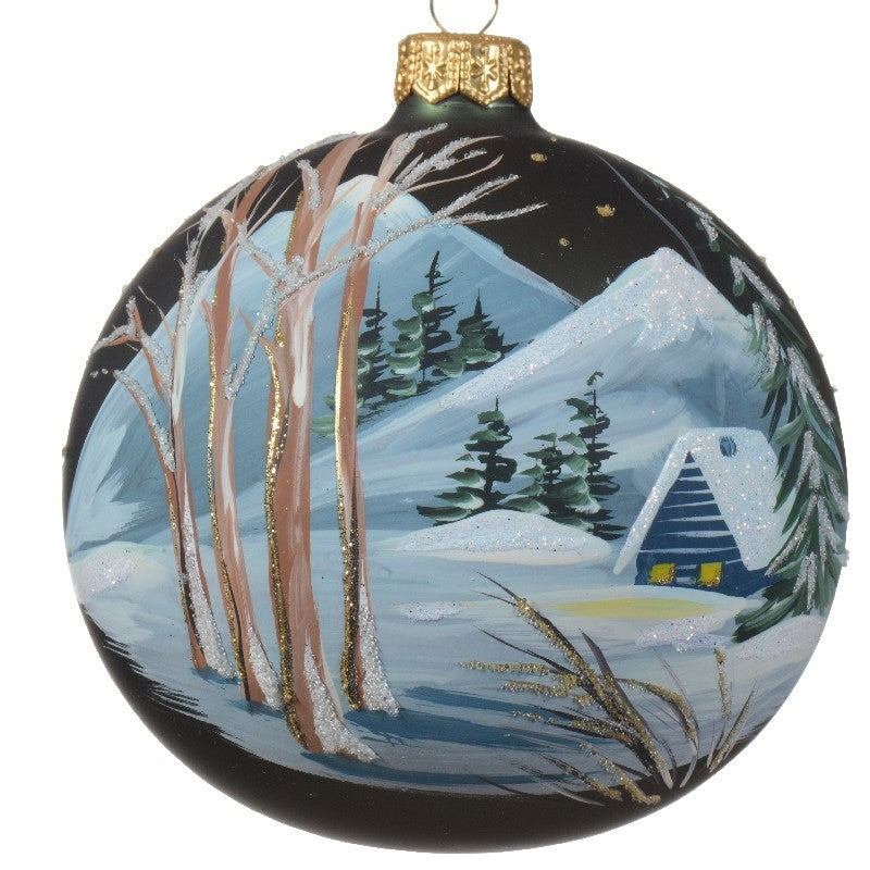 Pallina Albero Di Natale In Vetro Con Disegno Villaggio Innevato 10cm