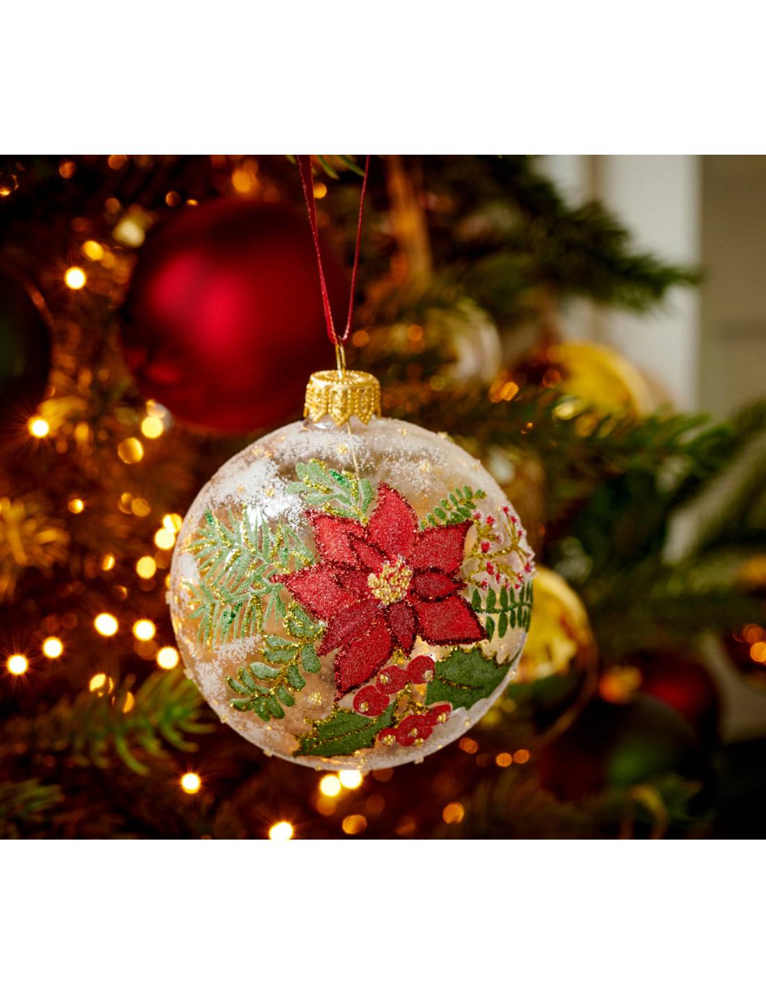 Pallina Di Natale In Vetro Trasparente Con Fiore E Rami 8cm