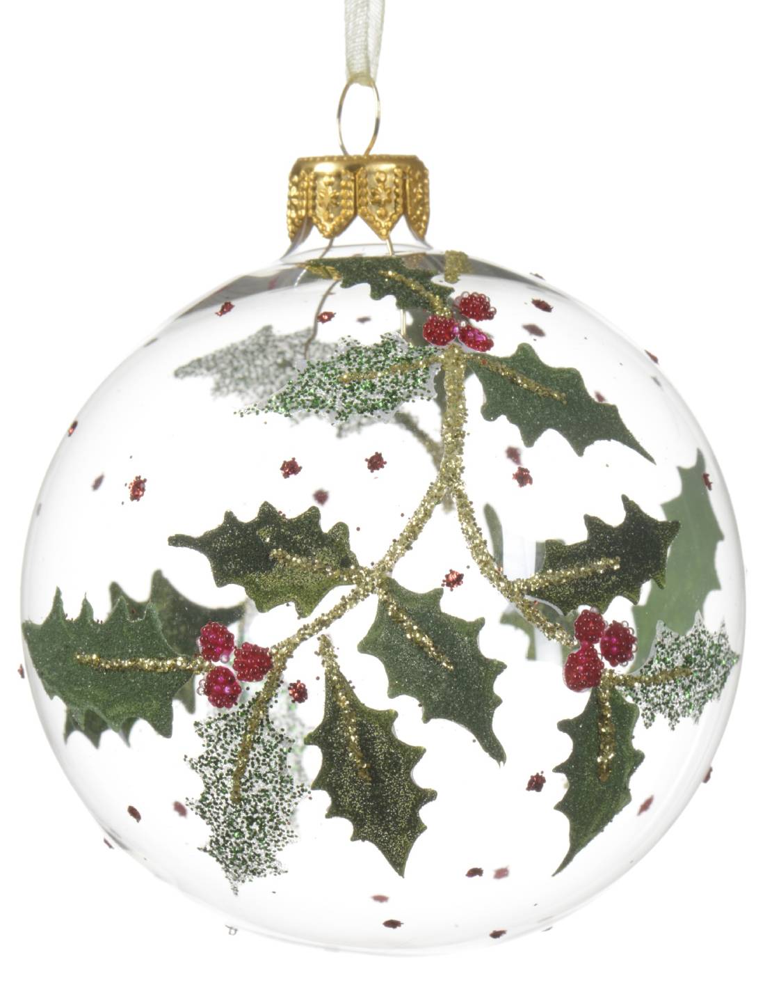 Pallina Albero Di Natale In Vetro Trasparente Con Agrifoglio E Bacche 8cm