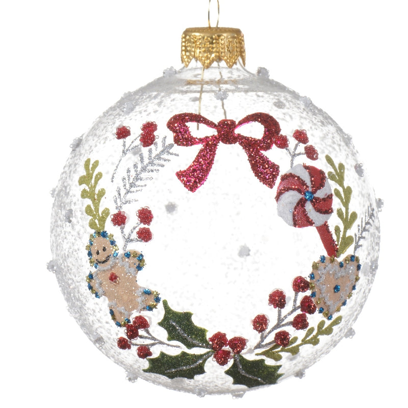 Pallina Albero Di Natale In Vetro Trasparente Con Ghiralnda E Dcorazioni 8cm