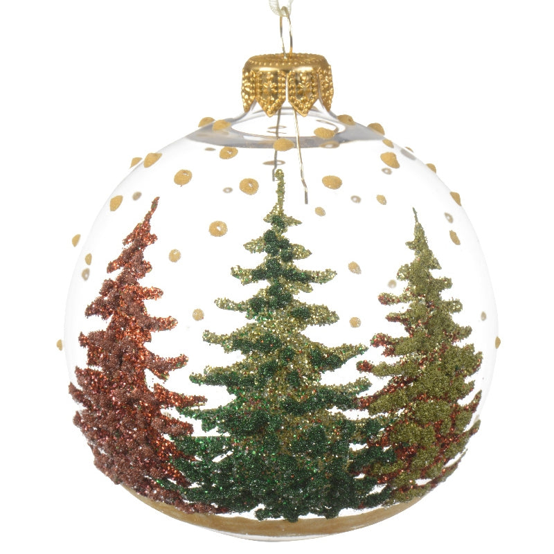 Pallina Albero Di Natale In Vetro Trasparente Con Alberi Glitterati 8cm