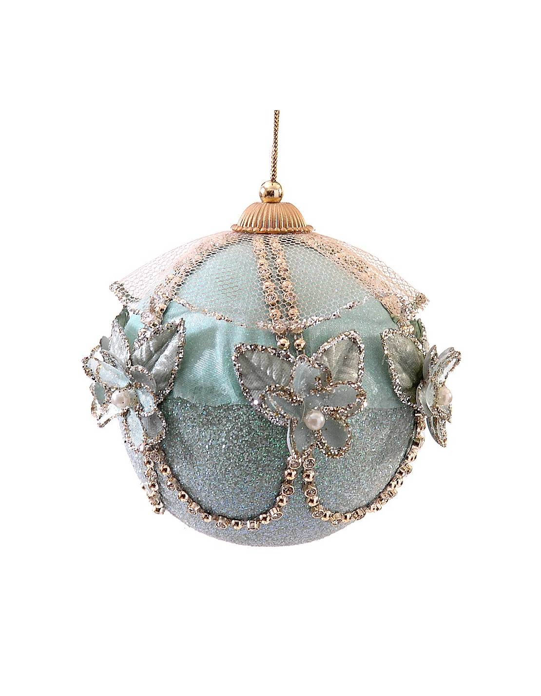 Pallina Albero Di Natale Azzurro Con Catene E Rose 11,5cm