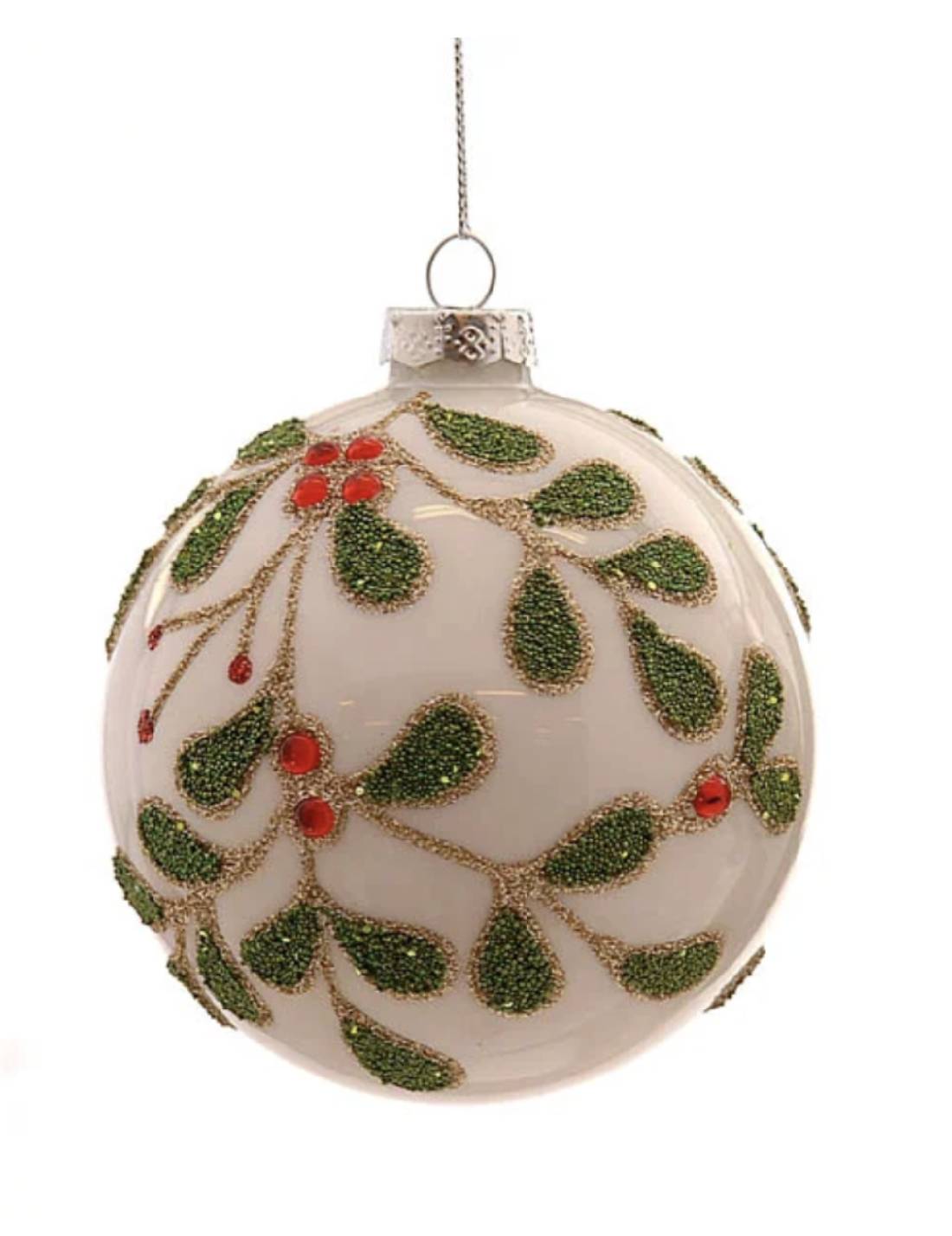 Pallina Albero Di Natale In Vetro Bianca Con Foglie Glitter 10cm