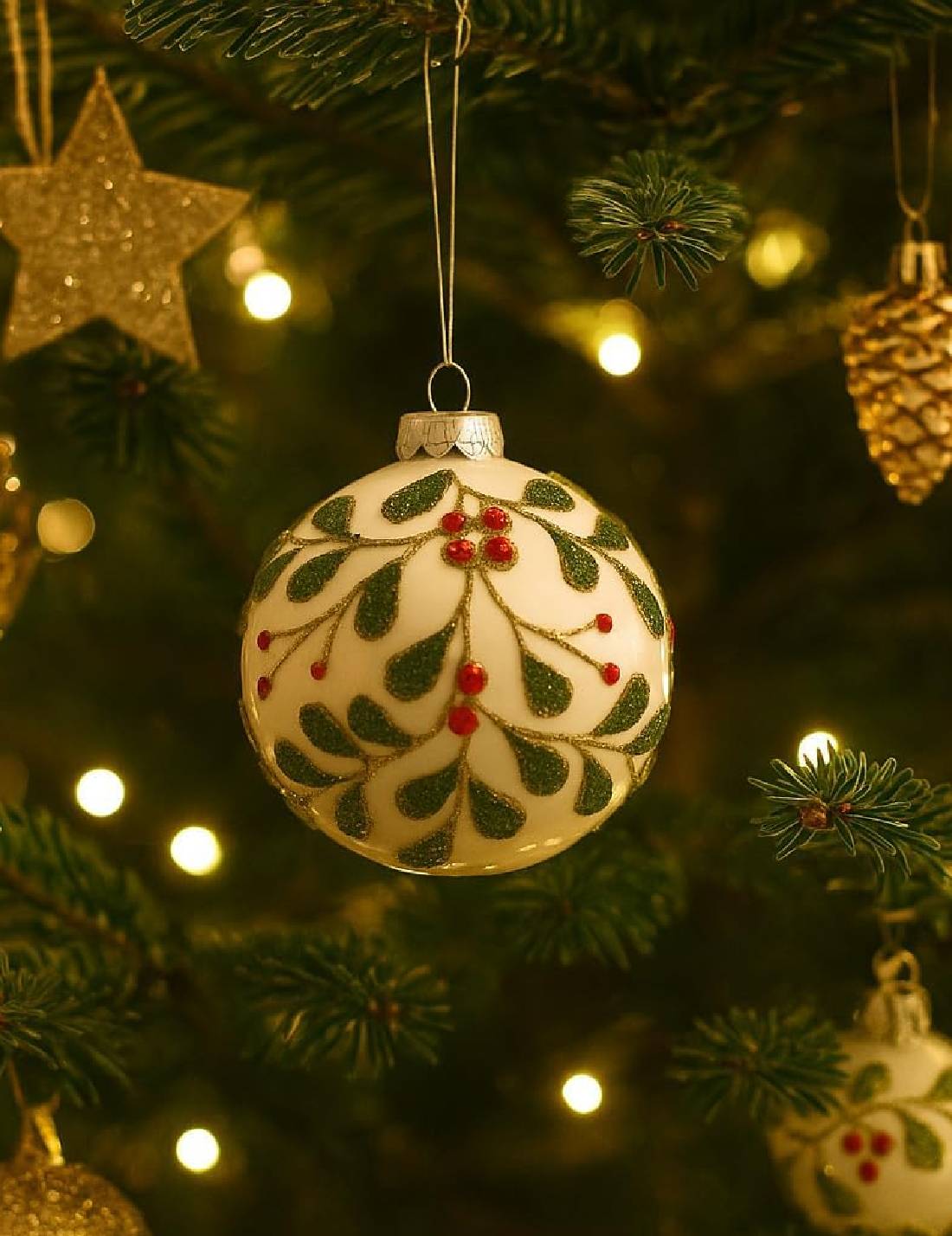 Pallina Albero Di Natale In Vetro Bianca Con Foglie Glitter 10cm