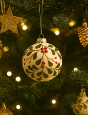 Pallina Albero Di Natale In Vetro Bianca Con Foglie Glitter 10cm