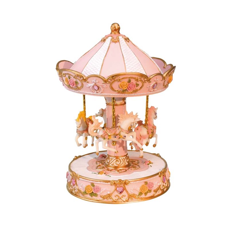 Carillon Villaggio Di Natale Giostra Cavalli Con Decorazione Rosa