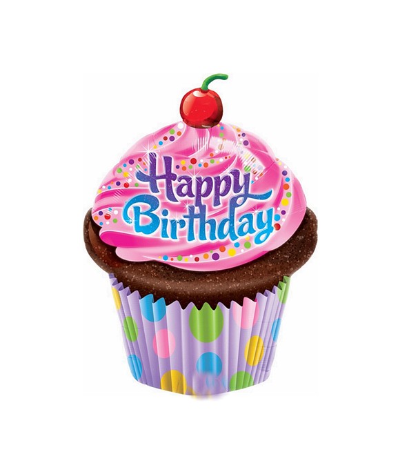 Palloncino Metalfoil Happy Birthday Cupcake Rosa Con Ciliegia 35" 89cm