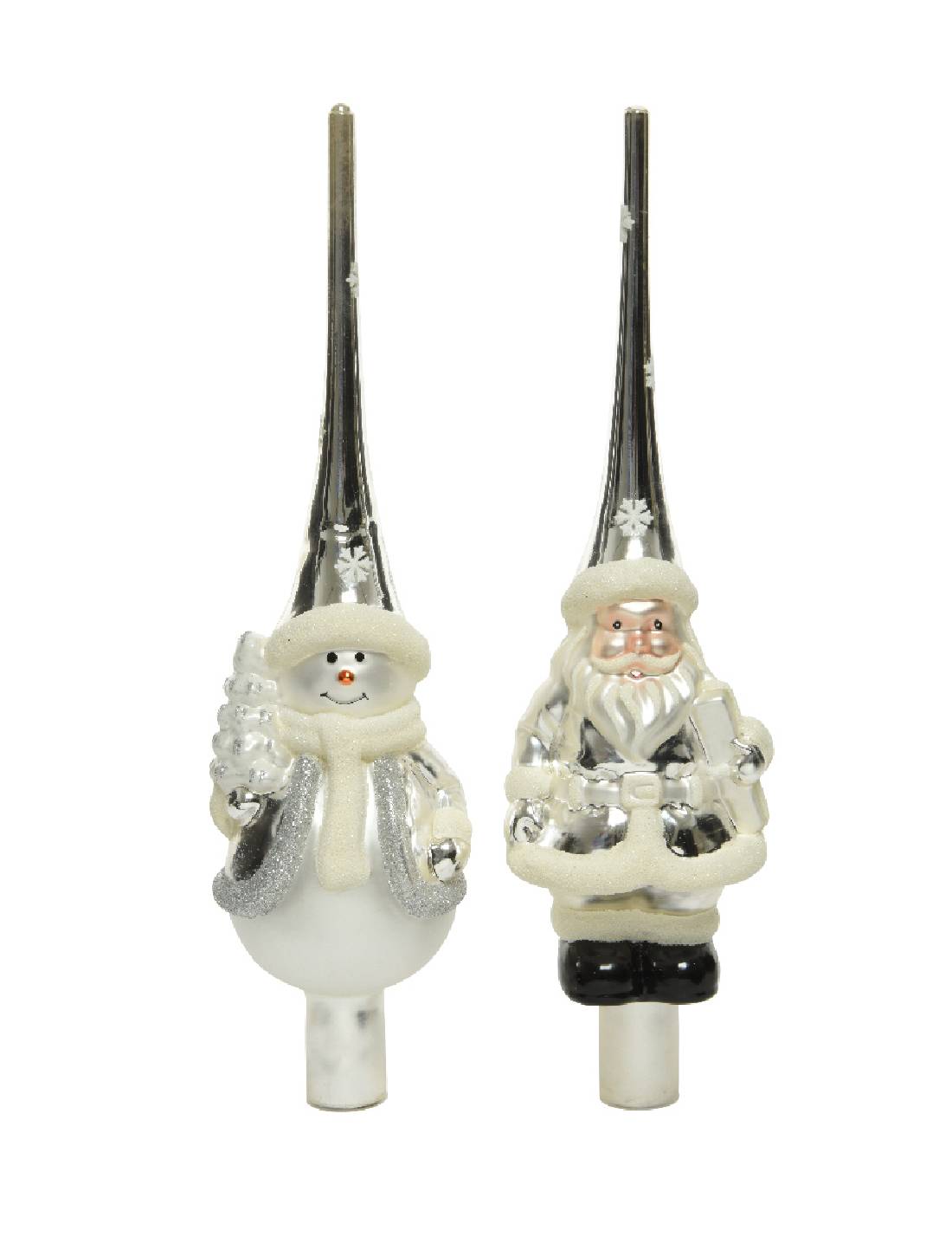 Puntale Albero Di Natale In Vetro Cappello Argento Con Personaggi Natalizi Assortiti 30cm