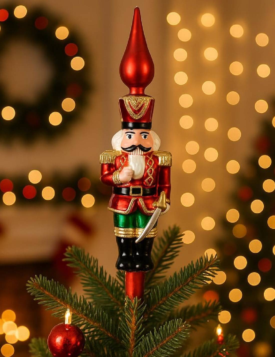 Puntale Albero Di Natale In Vetro Schiaccianoci Con Spada 29cm