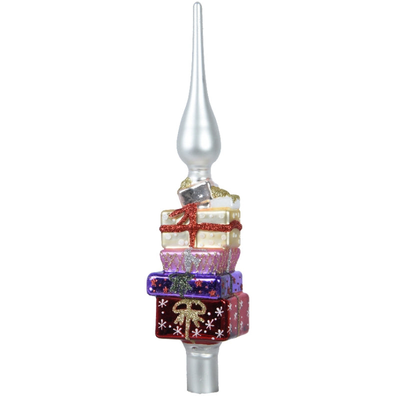 Puntale Albero Natale Vetro Argentato Con Pacchi Regalo 29cm