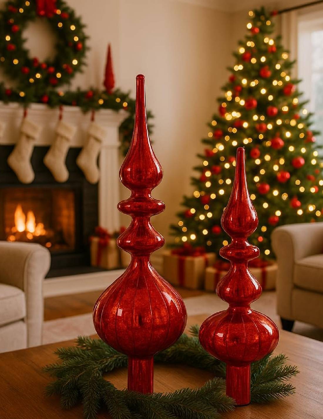 Puntale Albero Di Natale In Vetro Rosso Antico 35cm