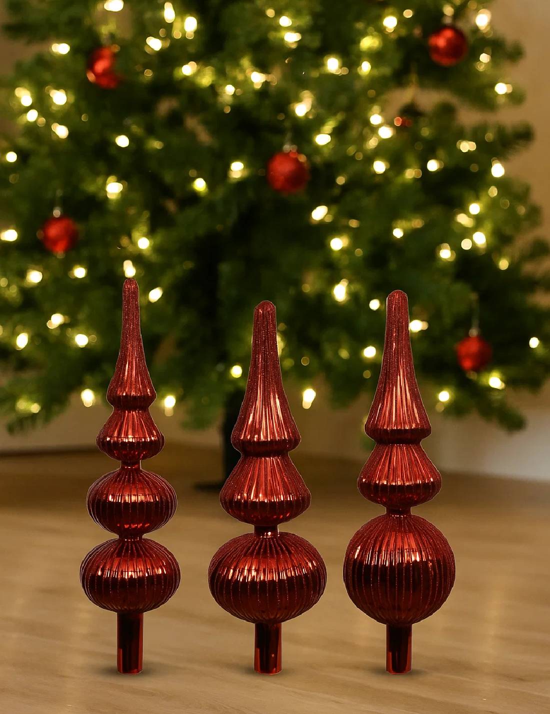 Puntale Albero Di Natale In Vetro Rosso Glitterato 31cm