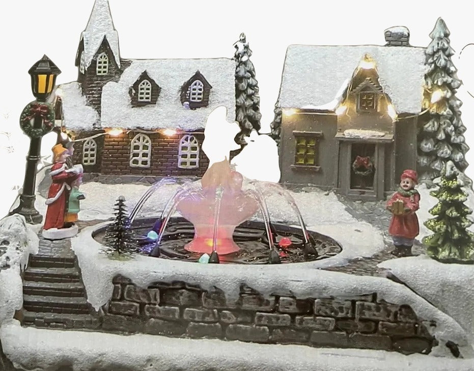 Carillon Di Natale Villaggio Innevato Con Fontana Led