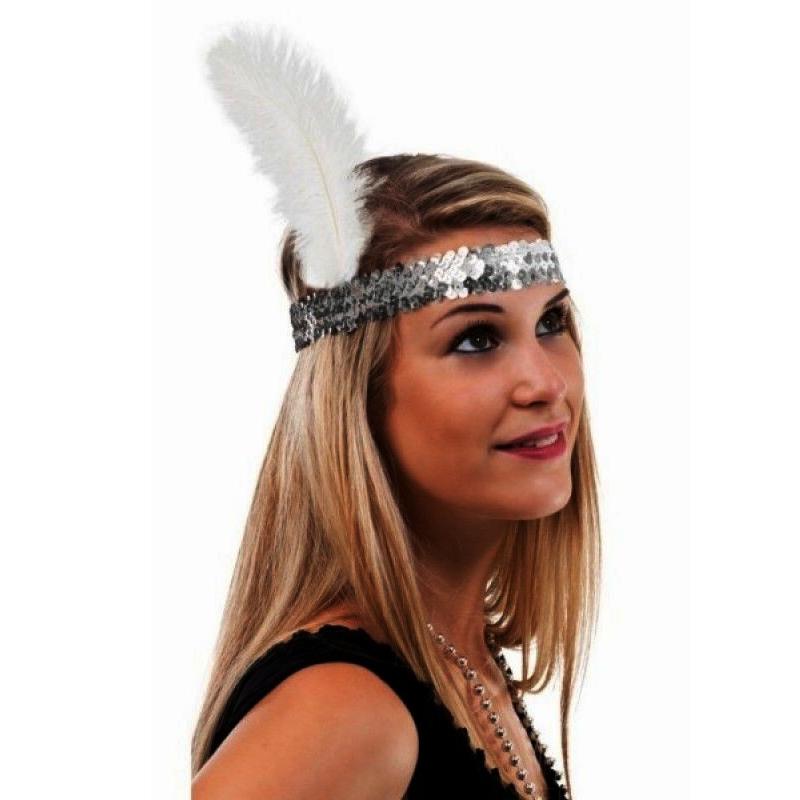 Fascia Paillettes Argento Con Piuma Bianca