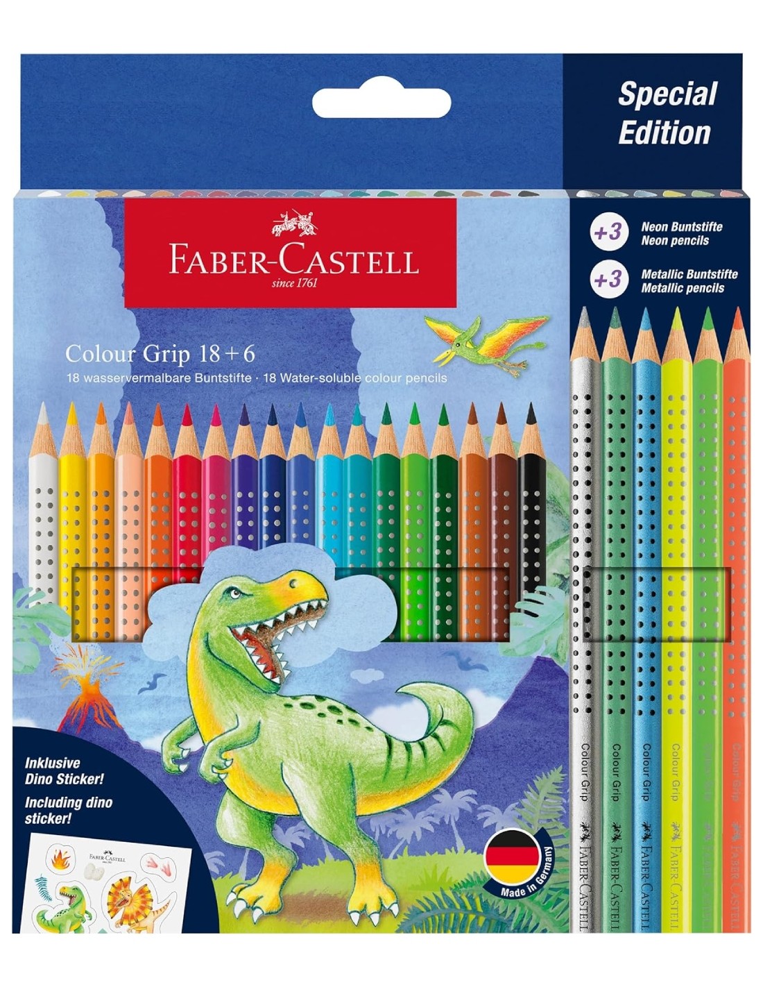 Faber-Castell Pastelli 18 Matite Colorate Piu' 6 Metal Edizione Dinosauro