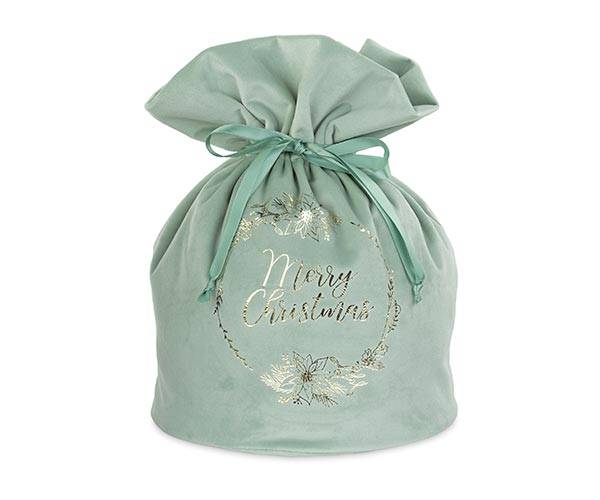 Sacco Regalo In Velluto Verde Salvia Con Scritta Oro "Buon Natale"