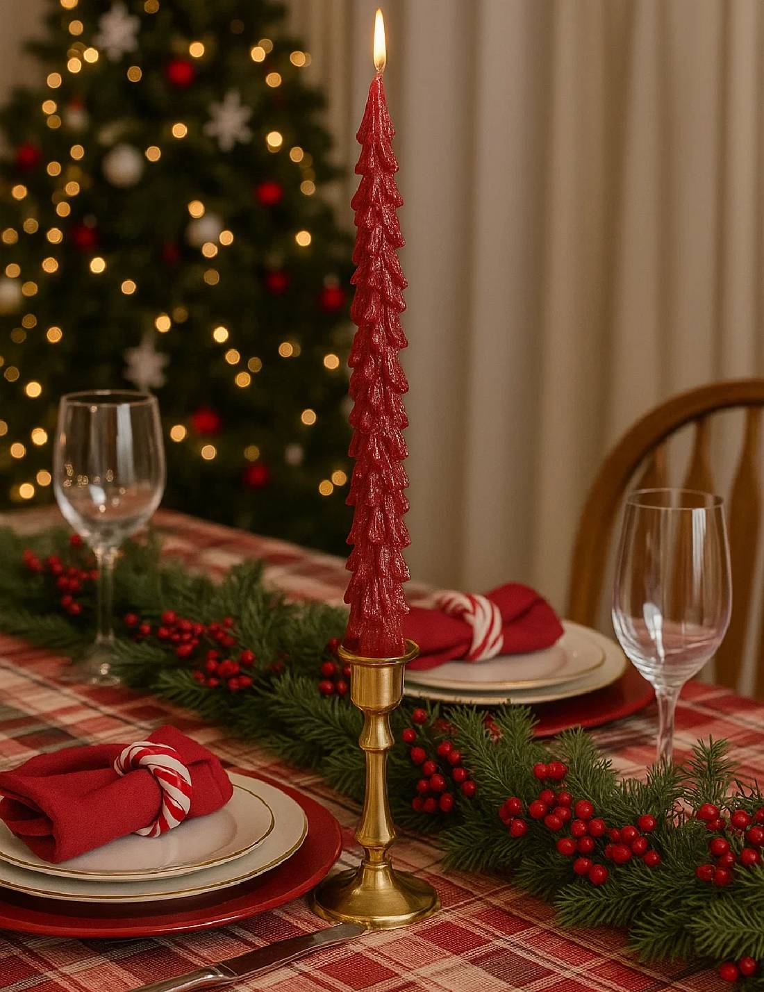 Set 2 Candele Natalizie In Paraffina Albero Rosso Metallizzato 25cm