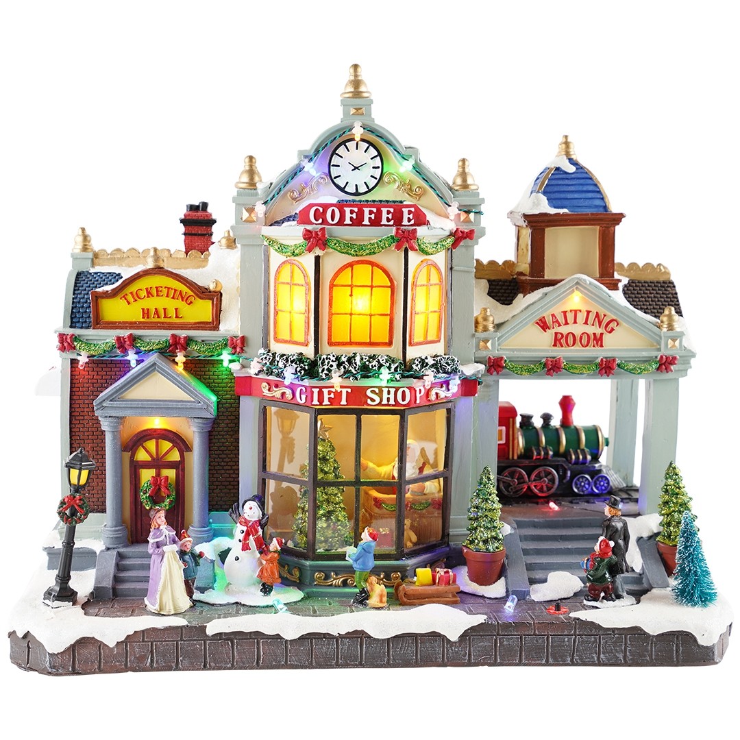 Carillon Di Natale Villaggio Natalizio Con Treno In Movimento 41x19x35cm