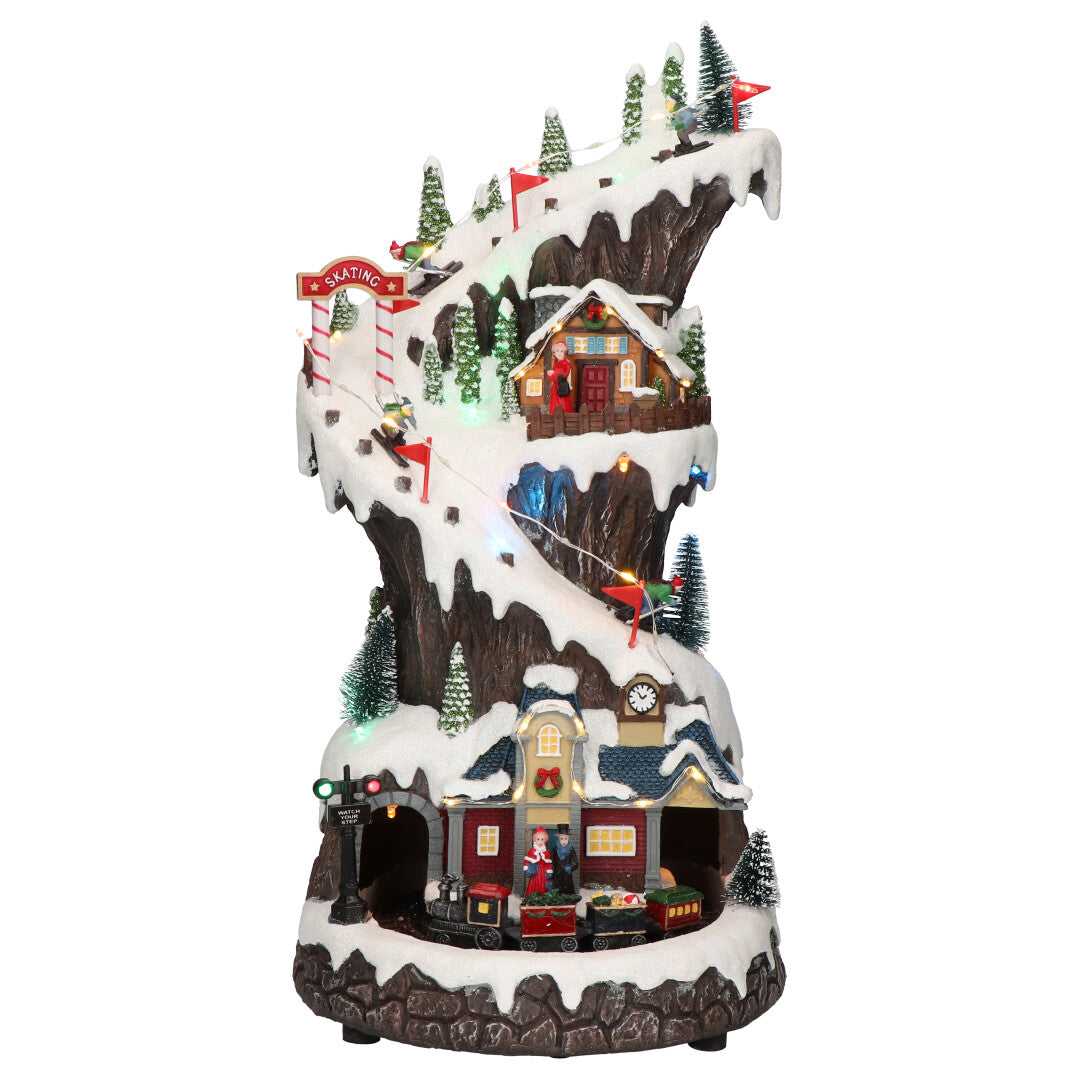 Carillon Villaggio Di Natale Animato Con Pista Sciistica E Luci A LED 21x21x41cm