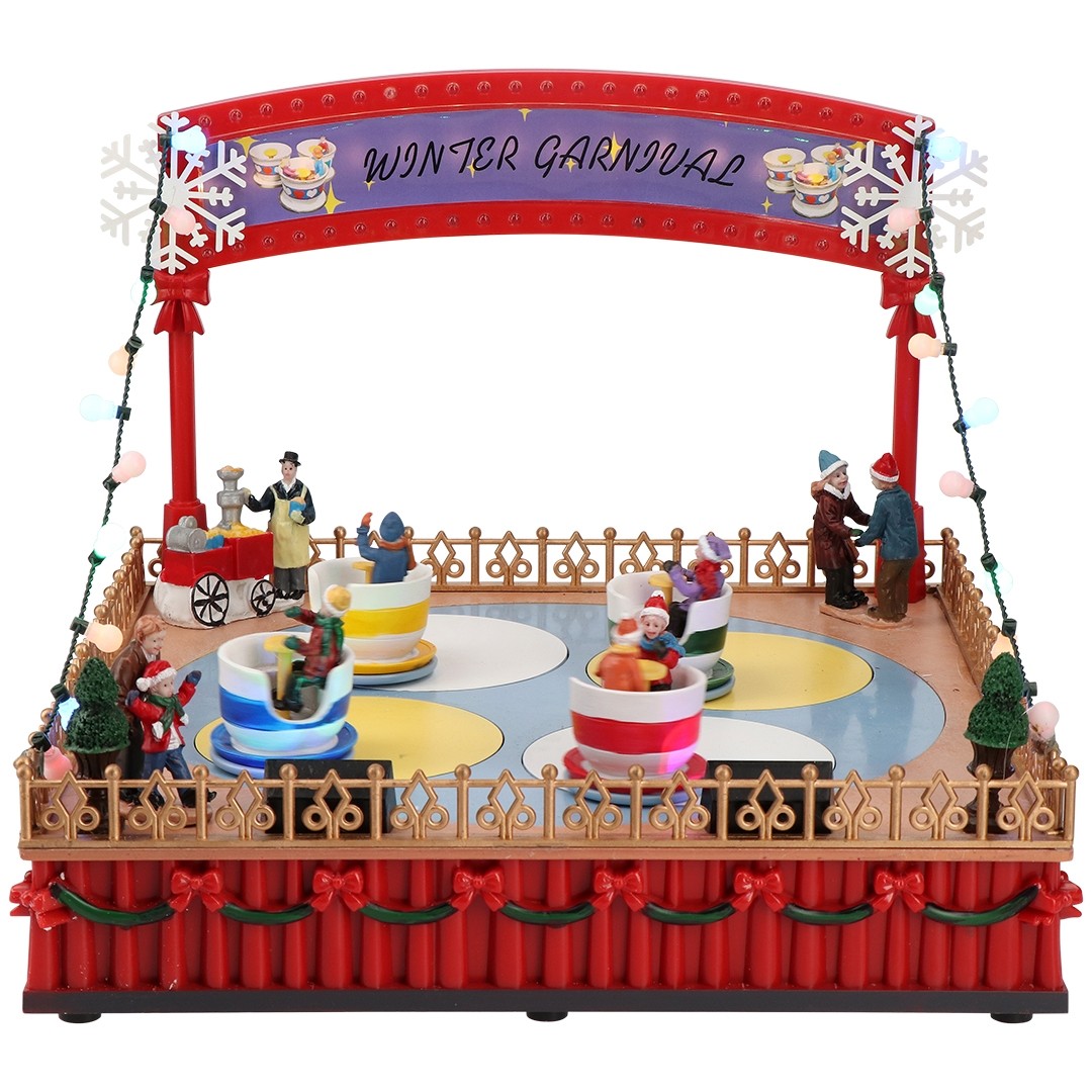 Carillon Villaggio Di Natale Animato Con Parco Giochi E Tazzine Girevoli E Luci A LED 29x28x22,5cm