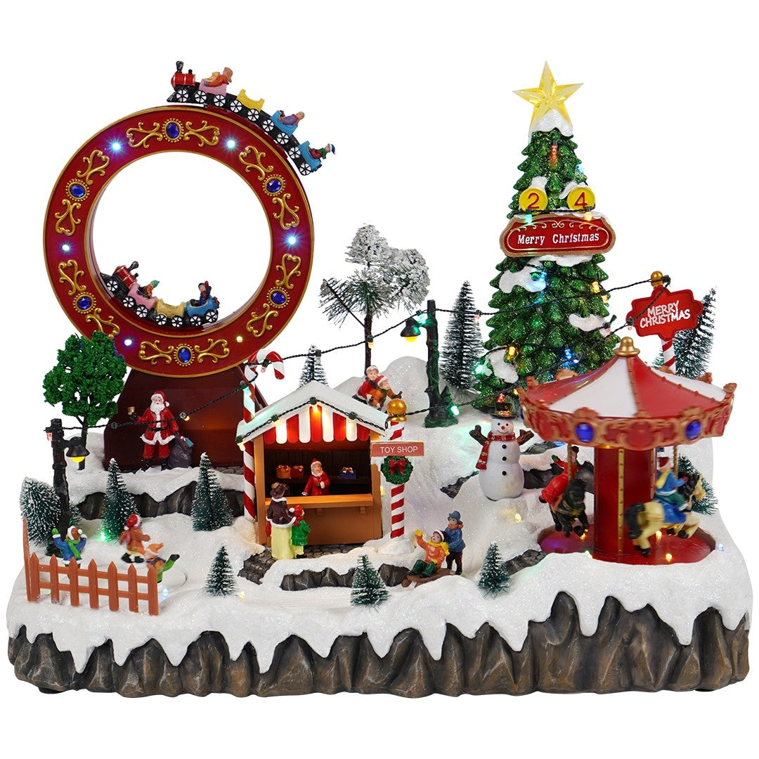 Carillon Di Natale Villaggio Natalizio Giostra Luna Park 40cm
