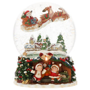 Carillon Sfera In Vetro Con Luci LED Con Babbo Natale Su Slitta 16x16x21cm