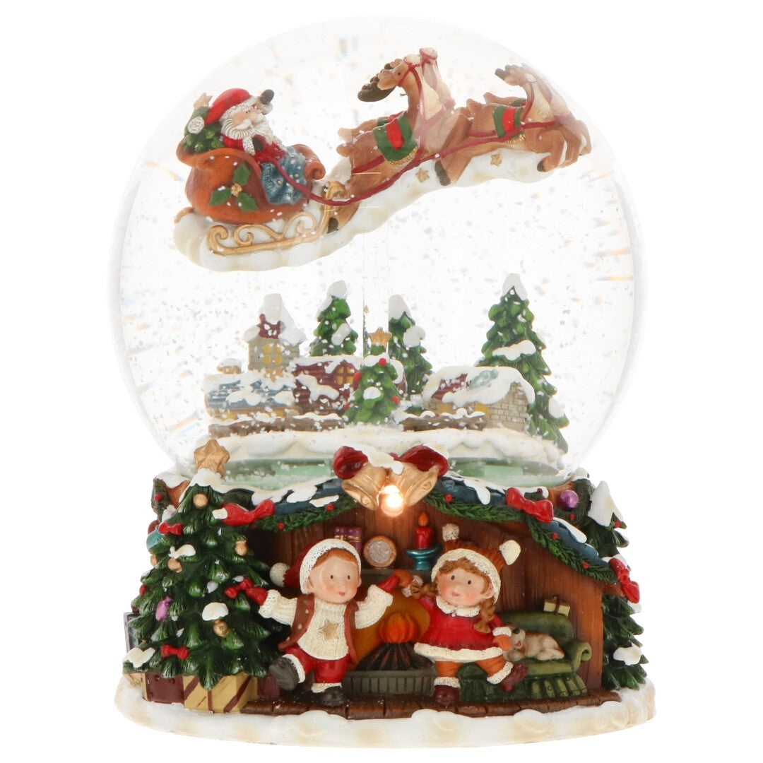 Carillon Sfera In Vetro Con Luci LED Con Babbo Natale Su Slitta 16x16x21cm