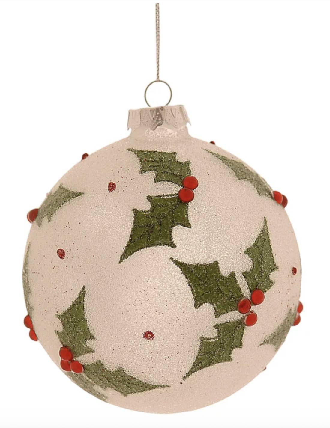 Pallina Albero Di Natale In Vetro Avorio Con Vischi 12cm