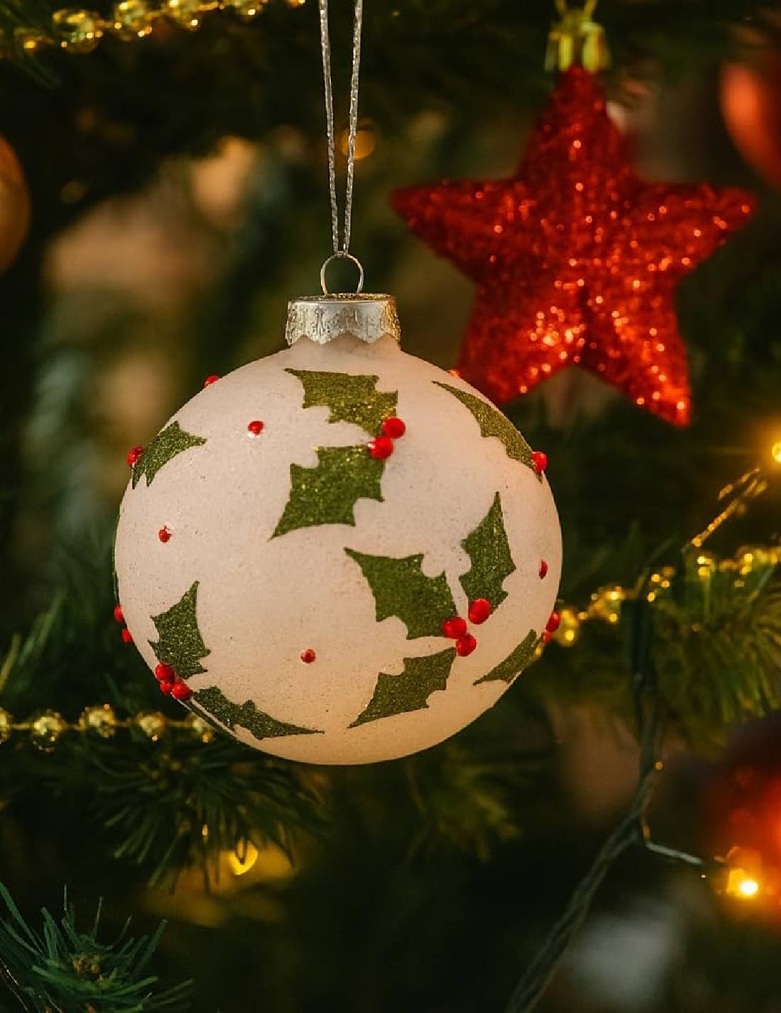 Pallina Albero Di Natale In Vetro Avorio Con Vischi 12cm