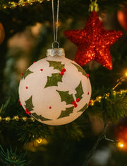Pallina Albero Di Natale In Vetro Avorio Con Vischi 12cm