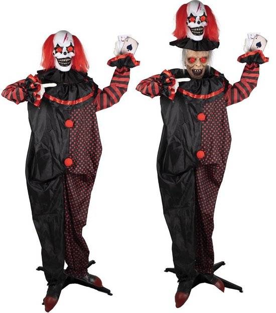 Decorazione Di Halloween Clown Doppia Testa Assassino Animato Con Suoni E Luci 183cm