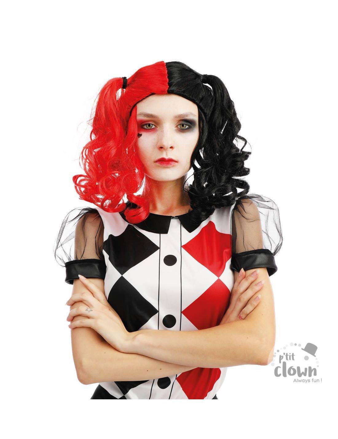 Parrucca Di Halloween DC Harley Quinn Con Codini Rossi E Nera