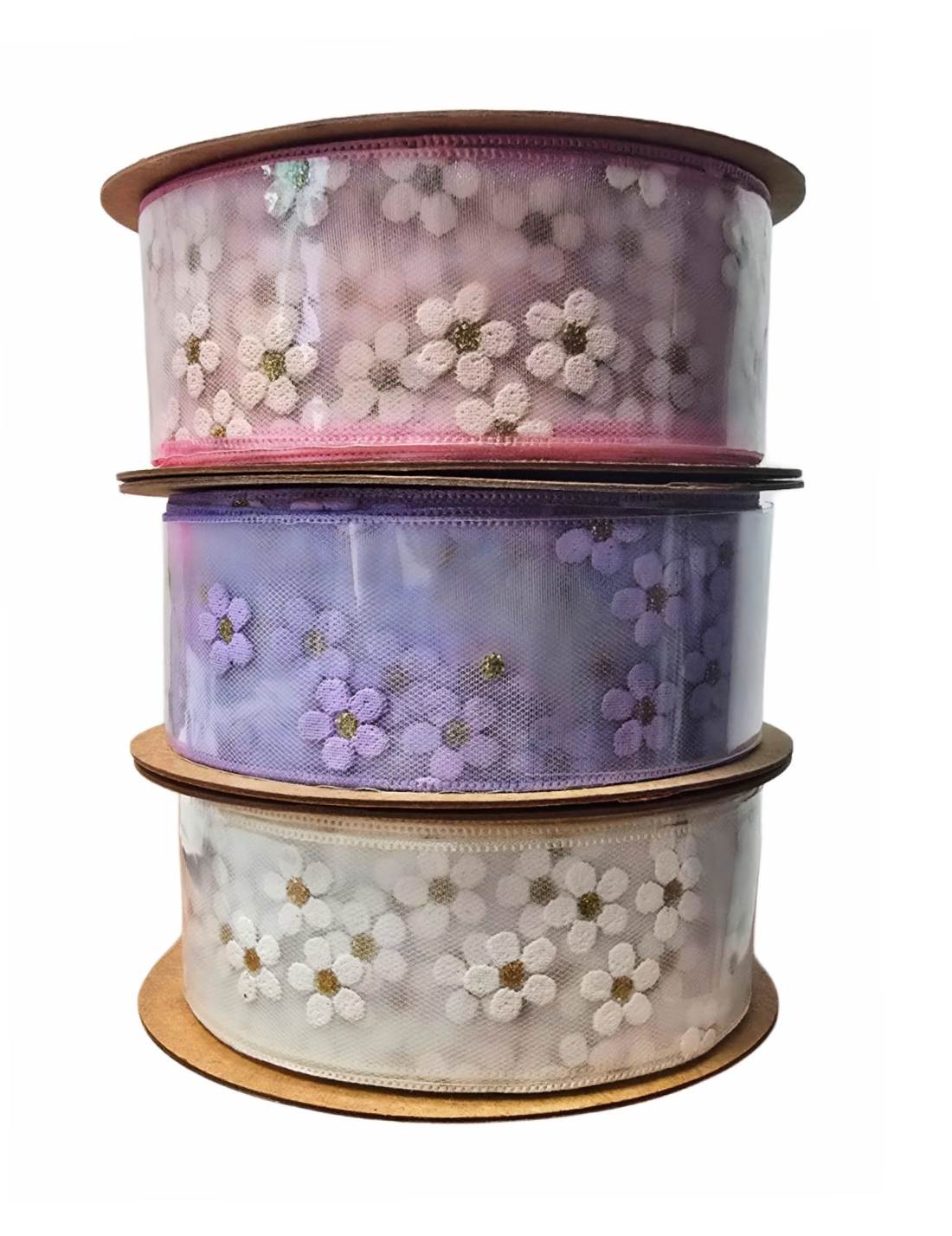 Nastro Decorativo In Tulle Con Margherite 40mm x 10m
