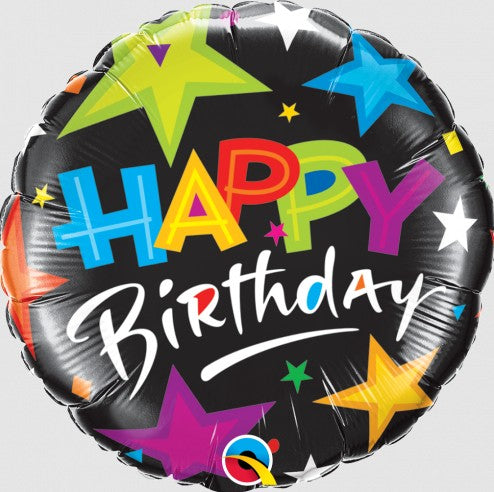 Palloncino Metalfoil Happy Birthday Nero Stelle Colorate 18" 46cm