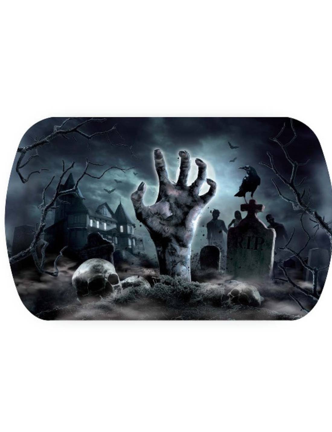 Vassoio Di Halloween In PVC Cimitero Con Mano Zombie 39x24cm