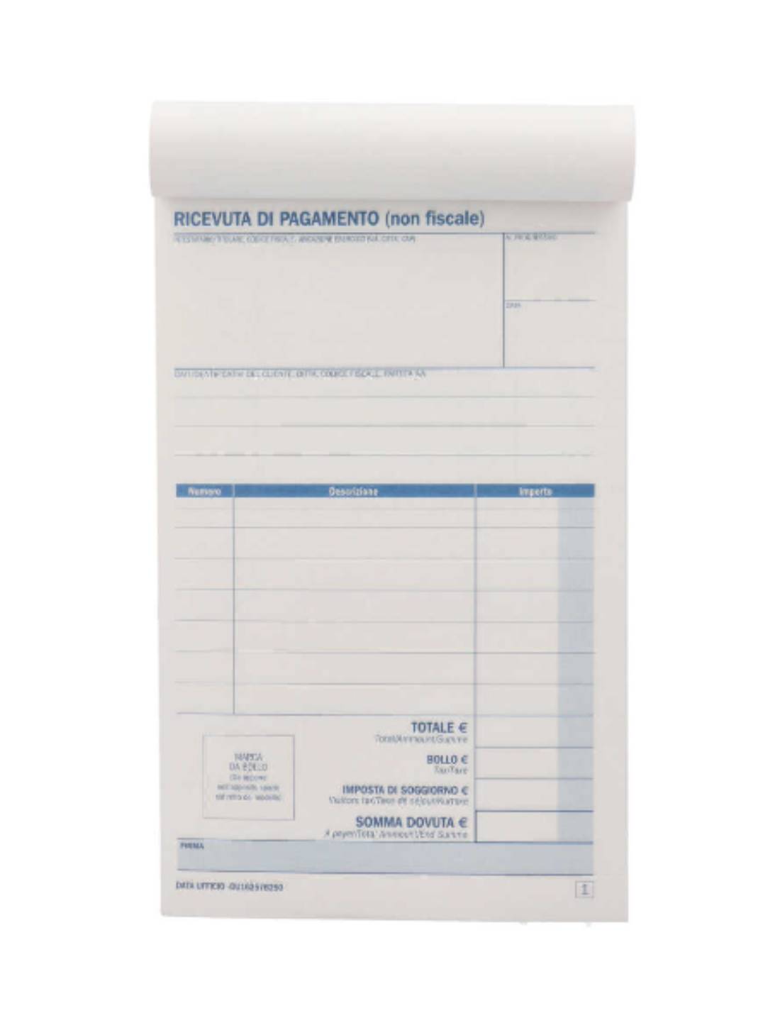 Blocco Ricevute B&B Affittacamere 25 Copie Autoricalcanti 17cm