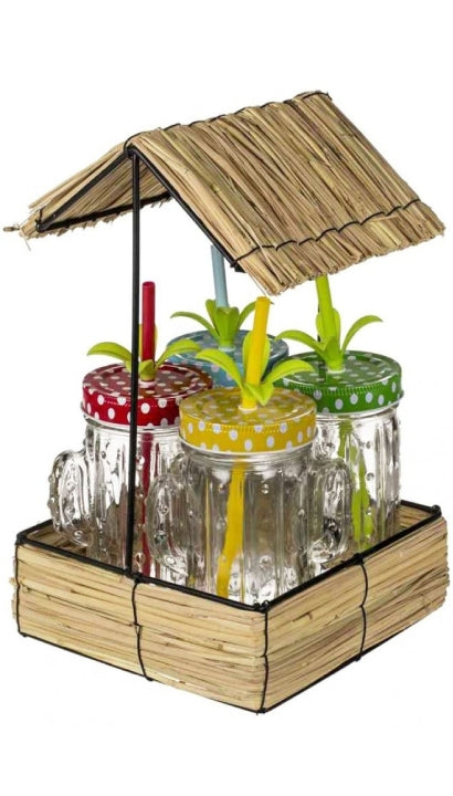Set 4 Bicchieri Da Cocktail Cactus Con Cannucia E Vassoio In Vimini