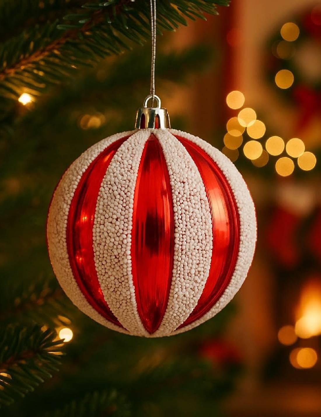 Pallina Albero Di Natale A Strisce Bianche E Rosse 10cm