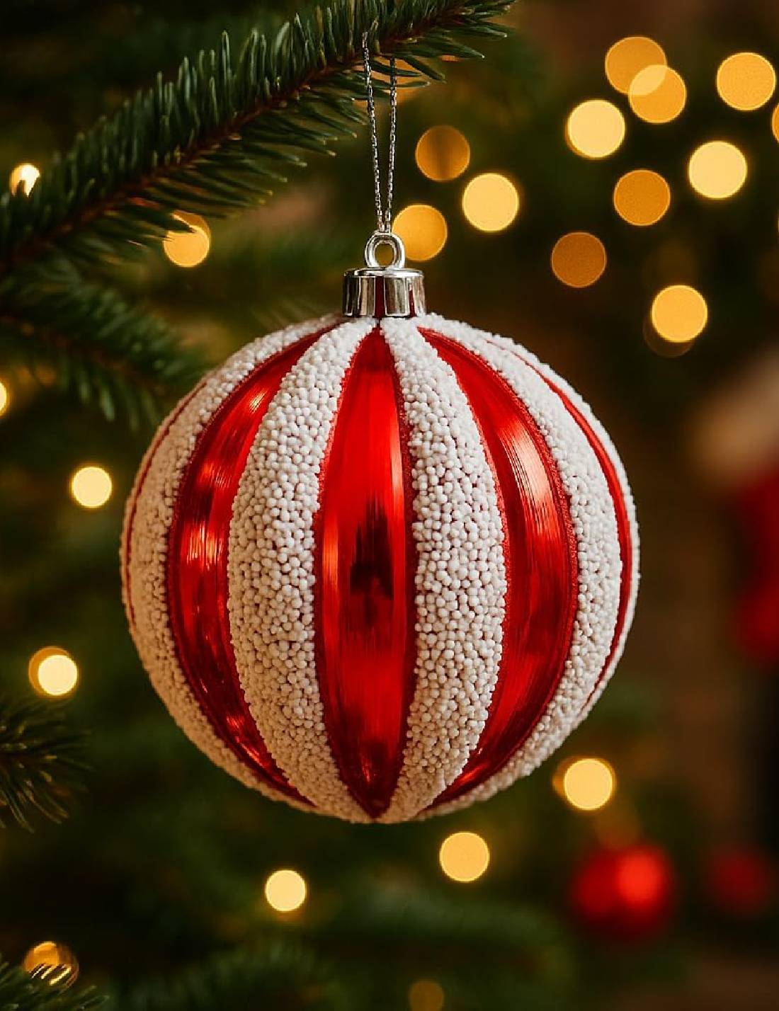 Pallina Albero Di Natale A Strisce Bianche E Rosse 10cm