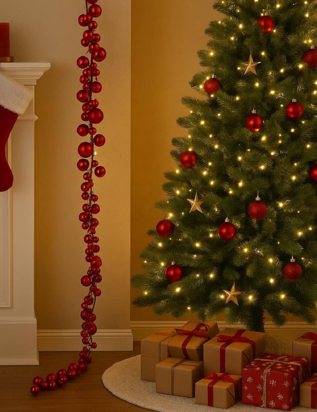 Addobbo Di Natale Ghirlanda Decorativa Con Palline Rosse Glitterate 180cm