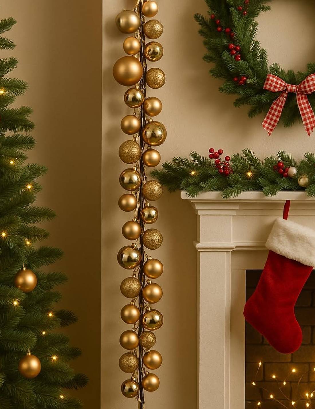 Addobbo Di Natale Ghirlanda Decorativa Con Palline Oro Glitterate 180cm