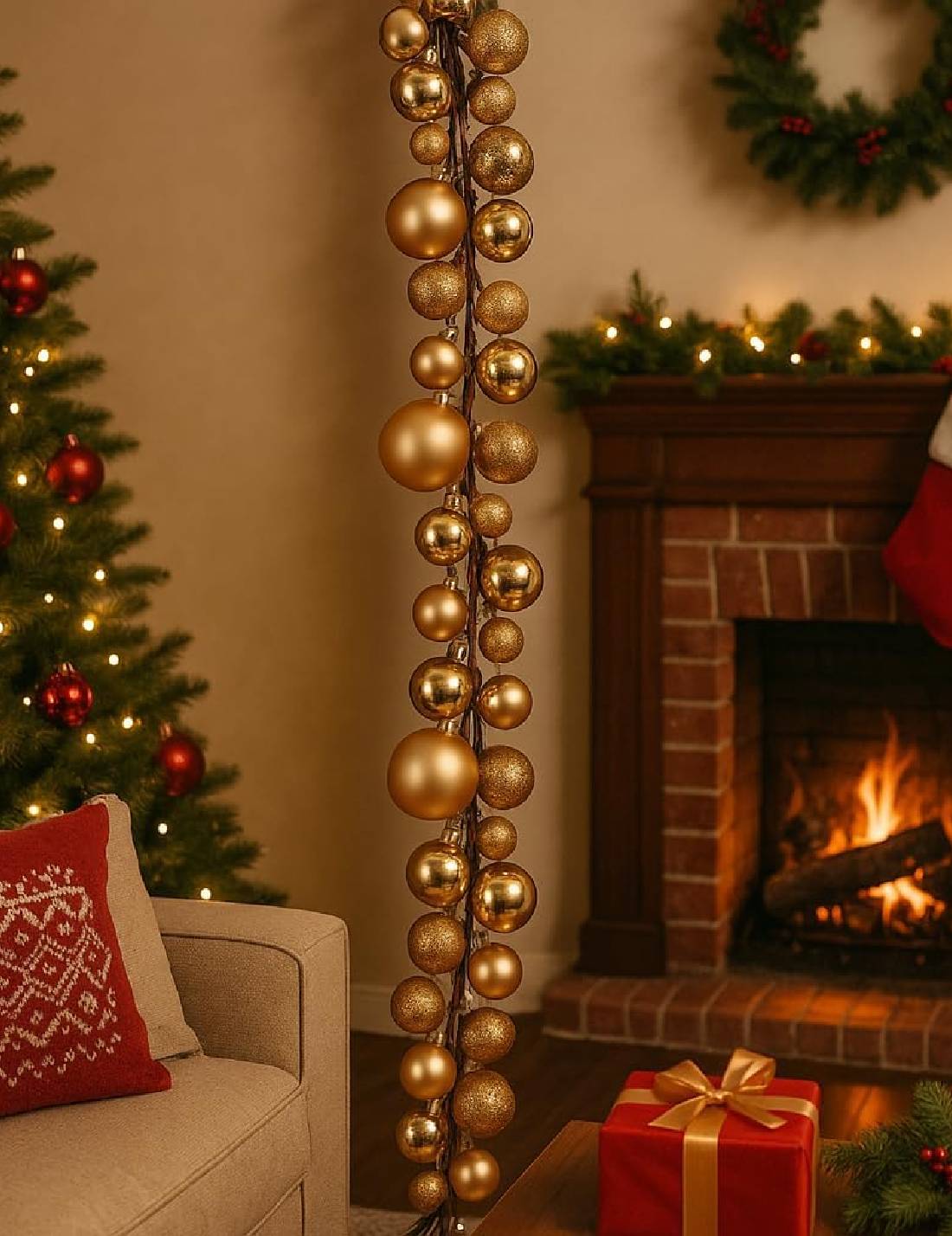 Addobbo Di Natale Ghirlanda Decorativa Con Palline Oro Glitterate 180cm