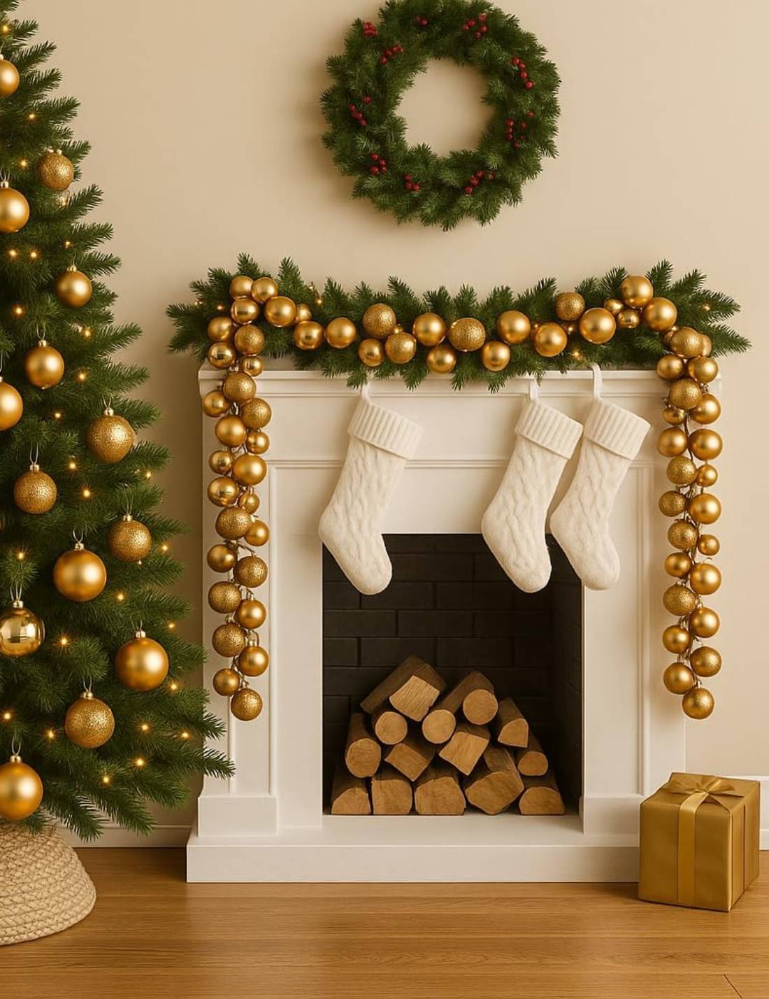 Addobbo Di Natale Ghirlanda Decorativa Con Palline Oro Glitterate 180cm