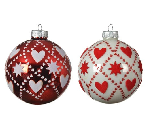 Pallina Albero Di Natale In Vetro Con Cuori E Stelle 8cm